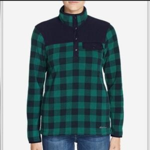 Eddie Bauer Fleece Pullover 1/4 Button Up  Green Black Buffalo Plaid Medium